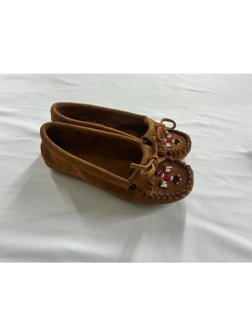 Minnetonka Women's Thunderbird Suede Leather Moccasins Beaded Fringe Tan Size 6 - Picture 10 of 15